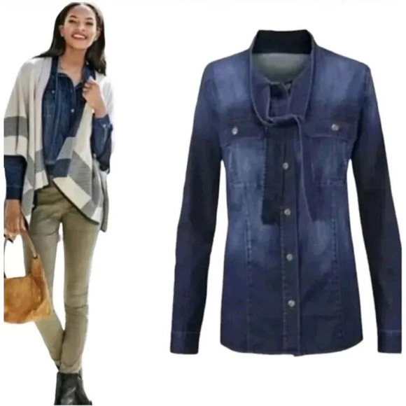 Cabi sz M Blue Waterfront Denim Button Up Shirt Bow Tie Collar Jean Chambray Top - Picture 4 of 16